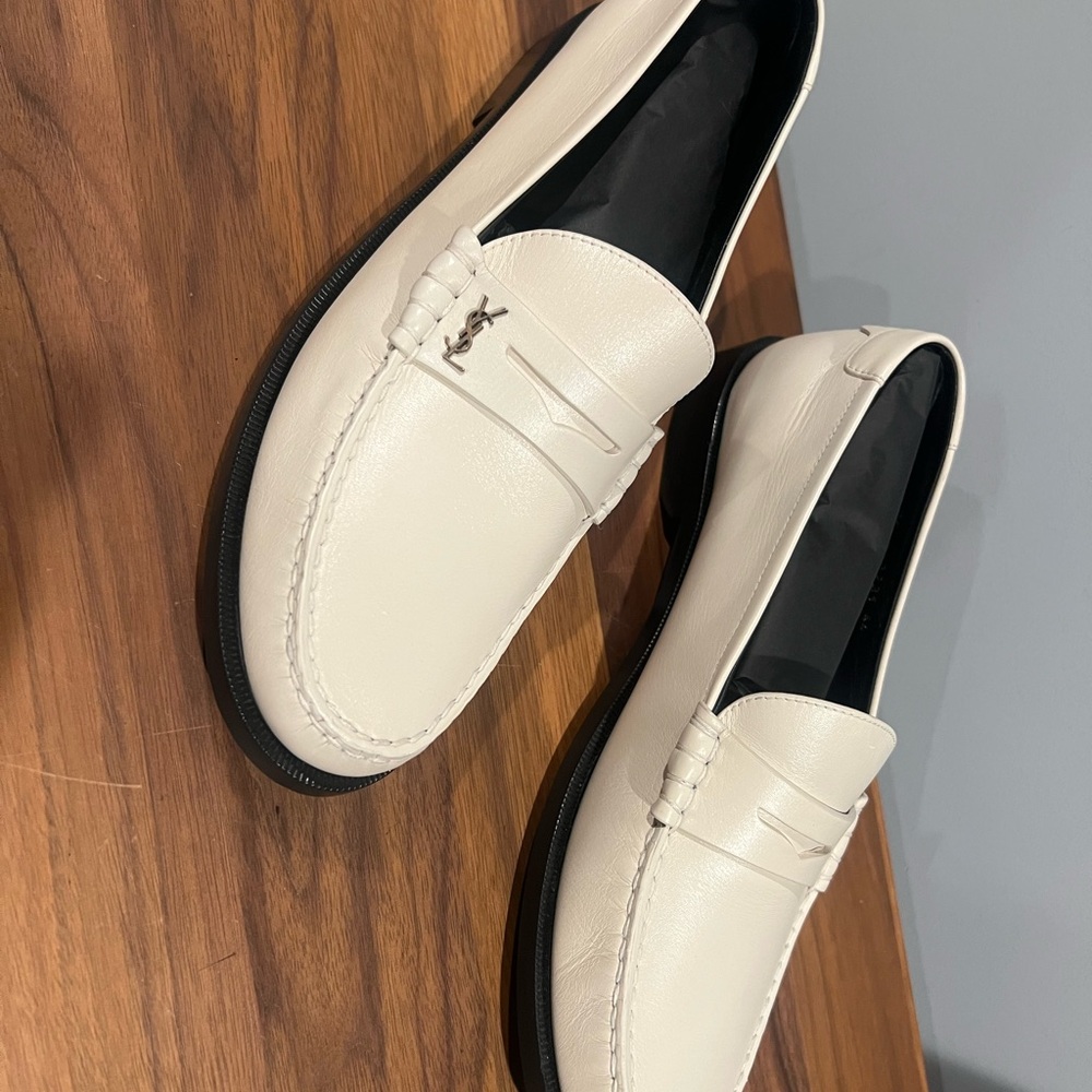YSL Men's White Leather Loafers
